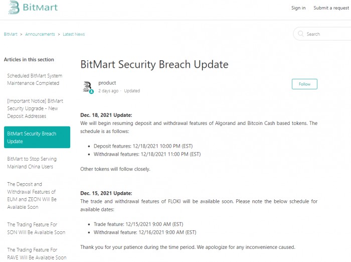 BitMart承诺赔偿黑客攻击事件的受害者 但是有些用户还是没有拿回资金